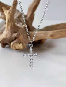 1pc Stainless Steel Cross Necklace With Zirconia, Suitable For Women's Daily Wear - 銀色 - 查看 8