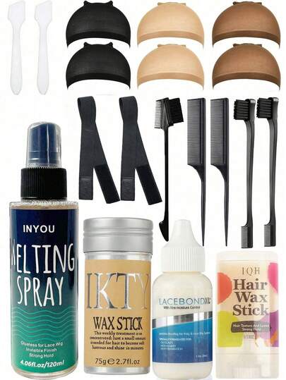 19PCS Lace Wig Styling & Care Kit – Waterproof Wig Glue With Light Brown Lace Tint Spray, Hair Wax Stick, Elastic Bands, Edge Brush, Combs, Spoons, Wig Caps & Grooming Tools For Professional & Home Use