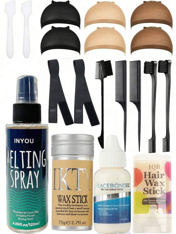 19PCS Lace Wig Styling & Care Kit – Waterproof Wig Glue With Light Brown Lace Tint Spray, Hair Wax Stick, Elastic Bands, Edge Brush, Combs, Spoons, Wig Caps & Grooming Tools For Professional & Home Use