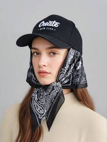 Niche Color-Blocking Quick-Dry Headband Hat, Women Funny Embroidery Outdoor Skateboard Camping Sun Protection Bandana, Black Scarf + Black Cap Winter Warm