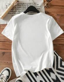 Camiseta de manga corta para damas con estampado de patrones, top de cuello redondo suelto y casual, se puede lavar aáquina para comodidad durante las cuatro estaciones. - Blanco - Ver 5