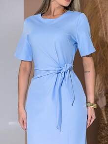 Long Dress With Short Sleeves With Belt Formal And Evening V775 - Celeste - Ver 7