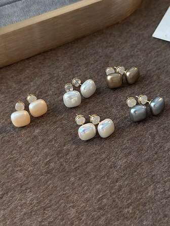 5pcs/Set Minimalist Chic Petite Sophisticated Faux Pearl Square Stud Earrings, Lightweight Luxurious Versatile Earring Set Suitable For Women Daily & Festive Wear