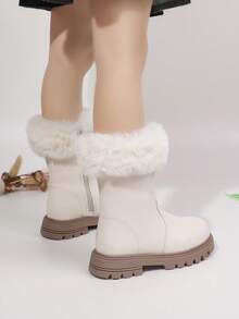1 Pair Girls Autumn/Winter Warm Thermal Lined Waterproof PU Imitation Leather Comfortable Versatile Soft Bottom Lightweight Indoor/Outdoor Casual Boots, Children - White - View 7