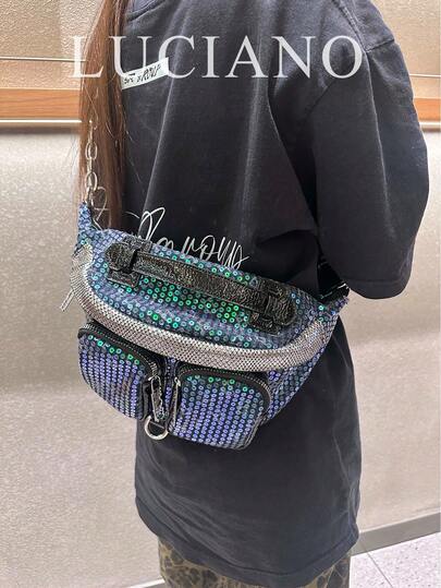 Bolsa feminina, preta, bolsa de cintura com alça de ombro e letras de lantejoulas da moda, bolsa de peito com letras de lantejoulas coloridas, bolsa transversal retrô de Hong Kong de alta qualidade, estilo de rua leve e luxuoso da garota americana Y2K, design com vários bolsos, adequada para jovens, meninas, garotas atraentes, fashionistas, usada para viagens, deslocamento diário, vida cotidiana, festas, ruas, encontros, tamanho médio