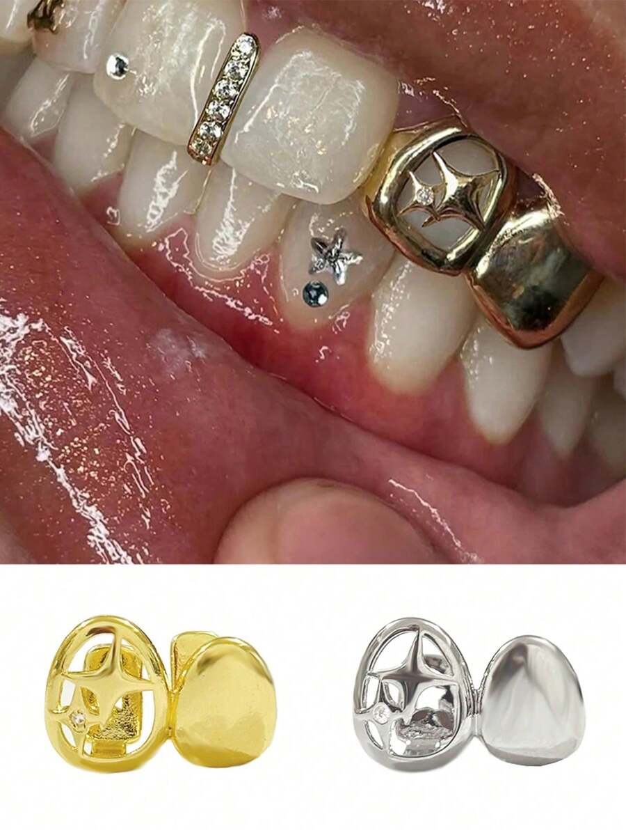1 Set Hollow Star & Micro-Inlaid Zirconia Bar Zirconia Hip Hop Tooth Jewelry, Decorative Accessory For Men And Women, Holiday Gift