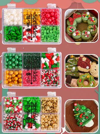 圣诞糖粒、可食用烘焙蛋糕装饰、圣诞混合珍珠糖粒（含四爪糖粒笔）、礼盒装、纸杯蛋糕冰淇淋配料装饰、圣诞用品