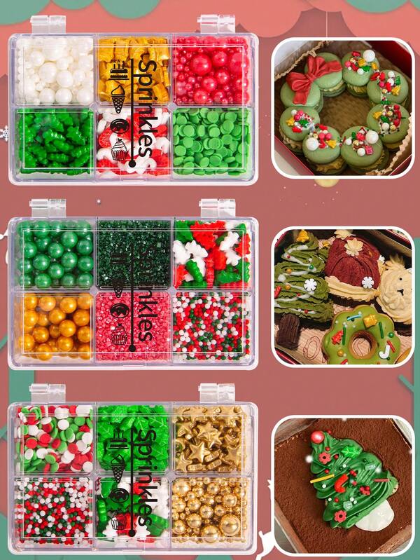 Chispas de azúcar navideñas, decoraciones comestibles para hornear y decorar pasteles, mezcla navideña de perlas para espolvorear - con bolígrafo de 4 garras para espolvorear, paquete de caja de regalo, decoración para cupcakes y helados, suministros navideños