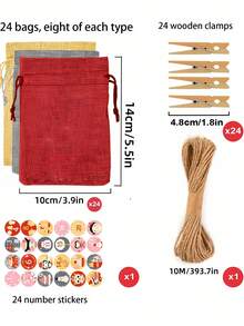 24Pcs 2025 New Year Calendar Bags Christmas 24 Days DIY Advent Calendar Xmas Countdown With 24 Pieces Buffalo Check Snowflake Elk Santa Drawstring Christmas Bags For Party Decoration Countdown Decoration With Advent Numbers Stickers, Clips, Rope