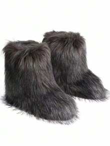 Women's Winter Furry Snow Boots Fuzzy Fluffy Round Toe Suede Booties Flat Heel Slip On Outdoor Indoor Shoes Fashion Warm Fluffy Shoes - 灰色 - 查看 7