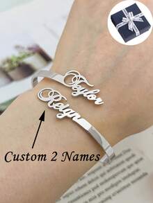 1 pieza Pulsera personalizada con 2 nombres, brazalete para mujeres y hombres, brazalete abierto en forma de corazón C, brazalete de acero inoxidable con nombre personalizado, brazalete ajustable de 3 mm chapado en oro de 18k