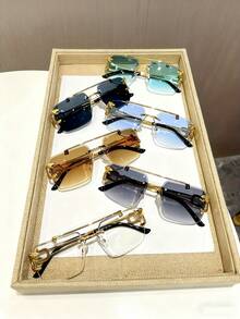 6-Piece Men's New Metal Double-Bridge Rimless Square Glasses – Bold Leopard Head Accent, Euro-American Business Style, Stylish Decorative Eyewear - Vàng - Xem 4