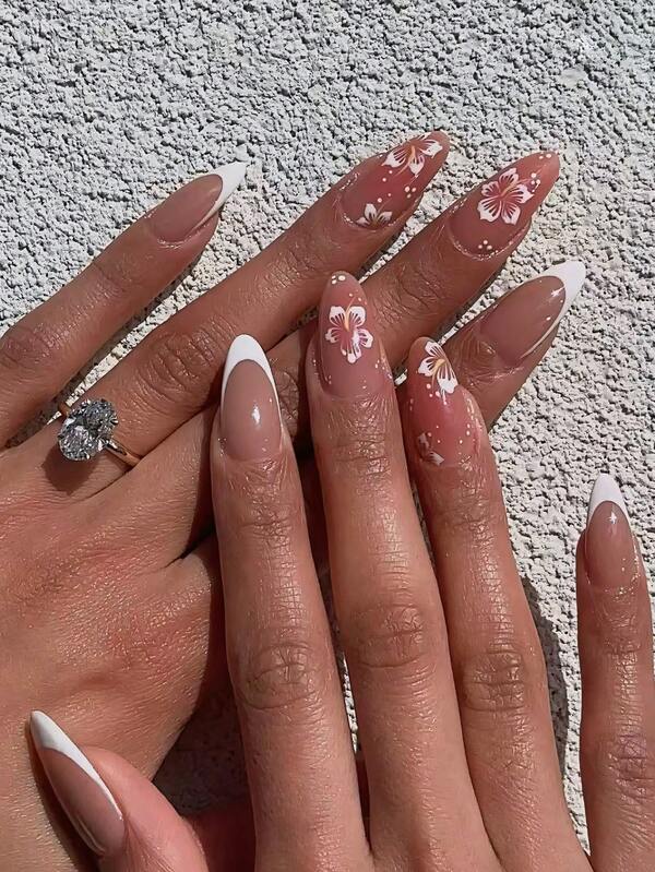 Elevate Your Style With 24pcs French Elegant Medium Almond Press On Nails Glossy Nude Pink White Floral Polka Dot Fake Nails Kit Fit Perfectly Full Cover False Nails Includes 1sheet Adhesive Tabs & 1pc Mini File For Daily Dating Office Home Party Women Jewelry Accessories False Nail Tips 1 File Strip Jelly Gel