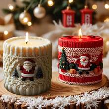 Christmas Series Candle Silicone Mold, Santa Claus Embossed Pillar Candle, Super Exquisite Knitted Texture, Suitable For Christmas Atmosphere Scented Candle Mold, Handmade DIY Plaster Decorative Ornaments, Create A Warm Holiday Tabletop Christmas Limited Edition! Knitted Style Silicone Candle Mold, DIY Atmosphere Tabletop Decorative Candle