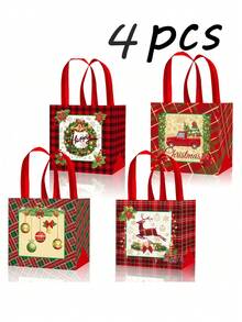 4/8pcs Large Christmas Party Bags, Reusable Red & Black Plaid Non-Woven Fabric Bags, Gift Bags With Handles, Christmas Party Supplies, 12.8*9.8*6.7 Inches