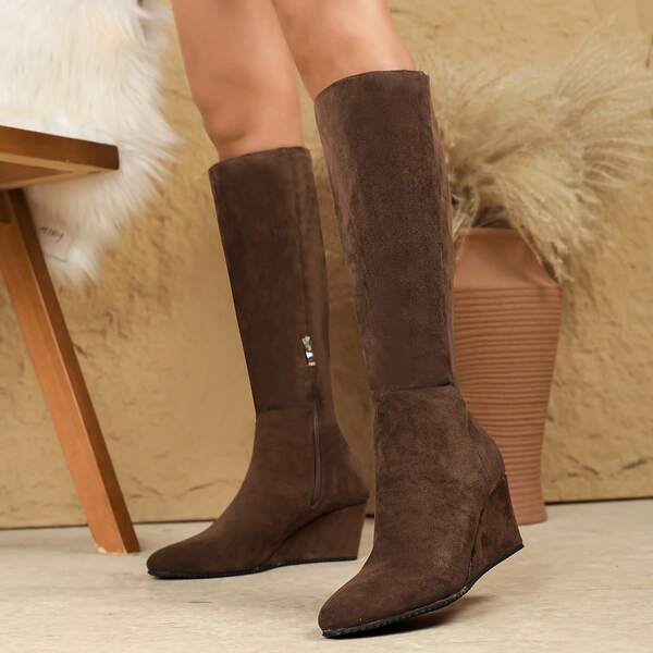 Europäischer & amerikanischer Stil Veloursleder Keilabsatz Stiefel mit rundem Zehenbereich, erhöhte Reitstiefel, schickes & minimalistisches Design, Herbst/Winter Neuheit, Kniehohe Stiefel