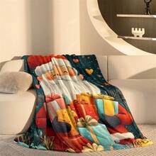 1 pieza Manta de franela suave de Navidad - Estampado digital de Papá Noel y regalos, manta para sofá/cama/oficina/viaje para todas las estaciones, decoración navideña moderna, diseño de temporada invernal, lavable a máquina, durable y ligera, regalo de Navidad ideal, decoración temática navideña, tela ligera, funda decorativa, para entusiastas de la decoración del hogar, manta decorativa navideña
