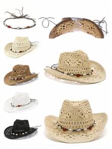 1pc Unisex Gemstone Decor Western Cowboy Hat, Hollow Print Straw Hat, Spring/Summer Travel Sun Beach Hat, Casual Sun Hat (After Receiving The Product, If The Brim Is Deformed, It Needs To Be Manually Adjusted Back)
