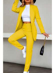 Elegante conjunto de traje azul de manga larga para mujer con cuello chal pantalones largos y detalles de botones - Amarillo - Ver 1