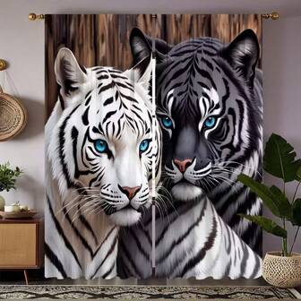 2pcs Digital Printed Curtains, White Black Tiger Eye Blue Green Plant Wood Grain Background, Natural Wild Style For Living Room Bedroom Study, Rod Pocket Design