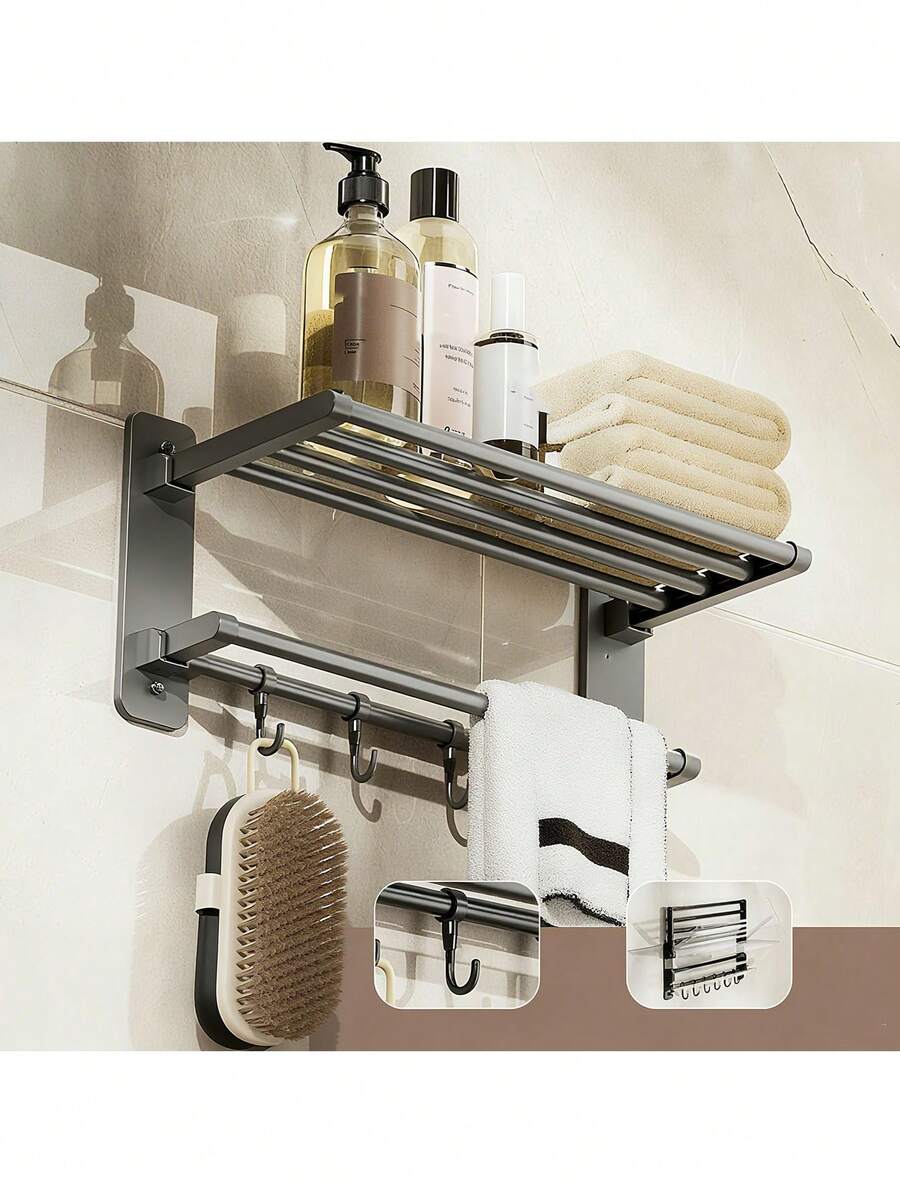 1pc Foldable Towel Rack, Bathroom Organizer Shelf, Wall Mounted Toilet Storage Rack, Multi-Function