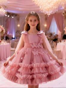 1pc Elegant Solid Color Mesh Patchwork Sleeveless Princess Dress With 3D Butterfly Decor, For Young Girl Formal Occasions, Birthday Party, Photography