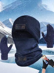 1套秋冬骑行保暖多功能防风滑雪帽、羊毛拉法帽、骑行面罩、手套 - 黑色 - 查看 3