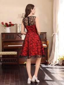 Women Mesh Floral Embroidery Vintage Cocktail Swing Dress Illusion 50s Goth Flared A Line Casual Wedding Prom Evening Dress - 寶藍色 - 查看 7