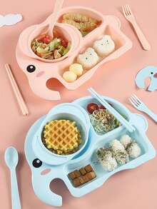 6pcs Cartoon Elephant Shaped Plate Set With Bowl, Spoon, Fork, Chopsticks, Cup, Student Divided Dinner Plate - Multicolor - View 7