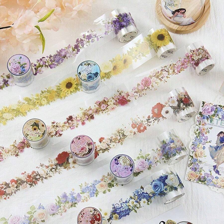 1pc Transparent PET Floral Decorative Tape, Floral Pattern Border Tape For Scrapbooking, Gardening Sticker DIY Tape, Suitable For Decorating Notebooks, Gifts, Christmas Presents
