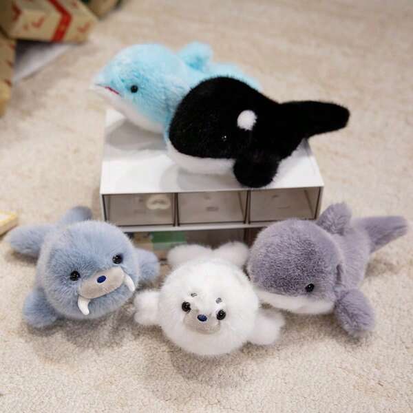1pc Cute Mini Desk Companion Plush Doll, Soft Stuffed Ocean Animal Figurine - Killer Whale, Shark, Cartoon Dolphin, Walrus, Seal Doll, Kids Comfort Companion, Stress Relief Doll, Desktop Decor, Birthday/Christmas Gift