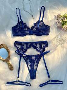 5pcs Women's Embroidered Mesh Lingerie Set Lace Lingerie Set Embroidered Lingerie Lingerie Sets Garter Lingerie Set - 藍色 - 查看 2