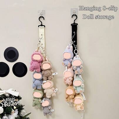 1pc Doll Wall Hanging Storage Belt, Doll Display Rack, For Labubu, Stainless Steel Cap Rack With 8 Clips - Holds Up To 16 Baseball Caps, Wall Mounted, With Adhesive Hook, Black/Beige
