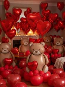 12件套情人节派对装饰，巨型哑光棕熊铝箔气球（18英寸），10英寸和18英寸红色心形气球，10英寸红色乳胶气球，适用于求婚、订婚、周年纪念、情人节家居装饰，营造浪漫氛围 - 彩色 - 查看 3