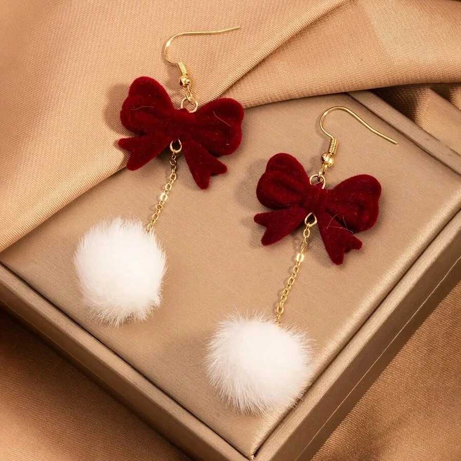 Pair Of Fashionable  Bow Earrings For Autumn And Winter, White Pom-Pom Pendant Simple  Christmas Stud Earrings For Celebrating Holidays - Đỏ 2 - Xem 1