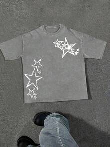 (230g T-Shirt)Men's Washed Cotton Star Graphic Tee, Oversized Loose Casual Crew Neck Short Sleeve T-Shirt, Retro Streetwear Comfortable Soft Top - 灰色 - 查看 1