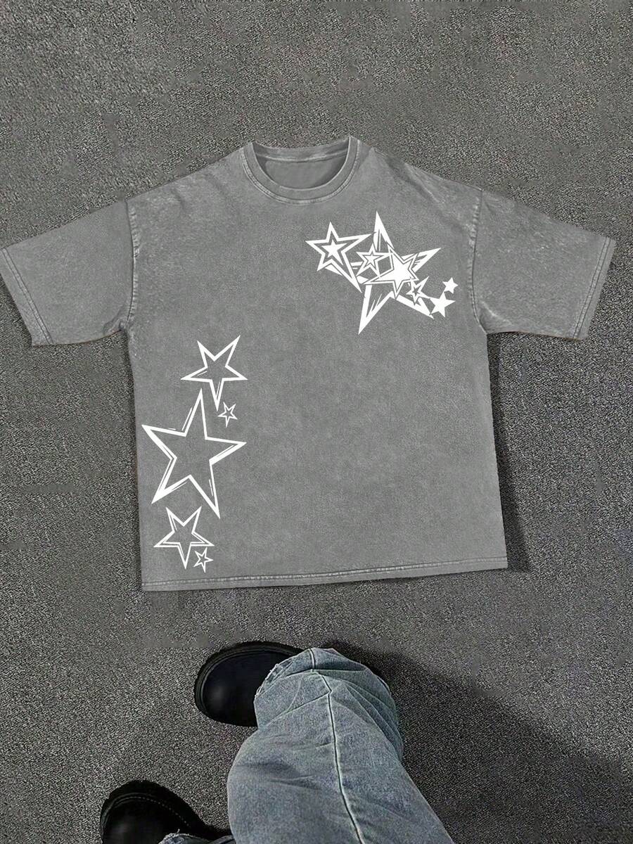 (230g T-Shirt)Men's Washed Cotton Star Graphic Tee, Oversized Loose Casual Crew Neck Short Sleeve T-Shirt, Retro Streetwear Comfortable Soft Top - 灰色 - 查看 1