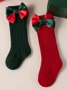 2 Pairs/Set Baby Girls' Autumn/Winter Soft Cute Big Bow Over-The-Knee Long Christmas Socks, Red Newborn Socks Suitable For 0-3 Years Old - Multicolor - View 9