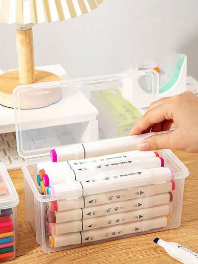 1个透明收纳盒，大容量可堆叠塑料盒，适用于文具、铅笔、橡皮、画笔、素描笔、铅笔盒，多功能桌面收纳盒，防尘带盖，也适用于厨房、浴室、化妆品收纳。
