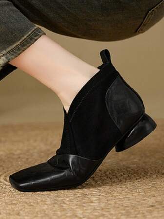 Stone Texture Low Heel Women's Ankle Boots, Outdoor Party Chunky Heel Elastic Boots, Square Toe Thick Heel Winter Boots