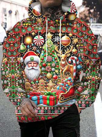 Men's 3D Printed Fashionable Novelty Pattern Hooded Long Sleeve Sweatshirt, Autumn/Winter Men's Pullover Hoodie With Drawstring And Pockets