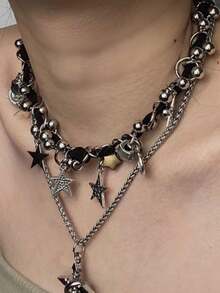 Collana stile punk con pendente a stella, pentagramma e croce, design unico, catena a più strati per il collo per uomo e donna