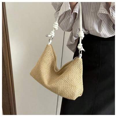 2025 Neue handgefertigte gewebte Shopper Tasche für Frauen, vintage Stroh Schultertasche, modisch und vielseitig mit großer Kapazität