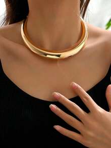 1pc Oversized Smooth Gold Tone Choker Necklace, Minimalist Casual Accessory - Yellow Gold - View 2