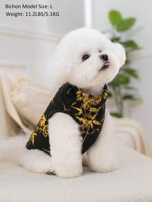 1pc Black Background Golden Dragon Totem Print Gourd Quilted Cotton Dog Coat With Back Zipper, Washable Pet Jacket Suitable For Large, Medium And Small Dogs, For Indoor Or Outdoor Wear