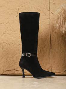 Women's Over-The-Knee Boots, New Autumn/Winter Commuting Versatile Slim Heel Elastic Slimming Tall Boots, Black Side Zipper High Heel Boots