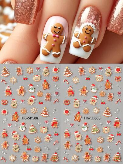 2PCS Christmas 5D Nail Stickers Cartoon Winter Little Bear Gingerbread Man Snowflake Design Slider Art Decoration Decals DIY Manicure Accessories Tool Nail Supplies