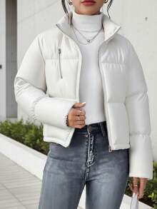 Women's Short Stand Collar Padded Coat, Minimalist Design, Fluffy Texture, Neat Tailoring, Puffy Padded Coat - White - View 9