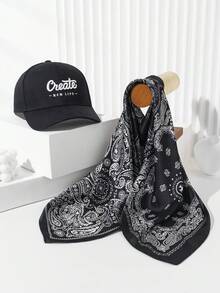 Niche Color-Blocking Quick-Dry Headband Hat, Women Funny Embroidery Outdoor Skateboard Camping Sun Protection Bandana, Black Scarf + Black Cap Winter Warm