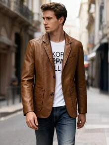 街头摩托车风格男士皮夹克 - 棕色PU皮夹克 - 适合日常骑行出行，送给男友或朋友的礼物，适合团体骑行，适用于春秋季。 - 棕色 - 查看 5